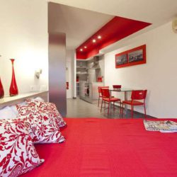Large red bed and rest of studio.